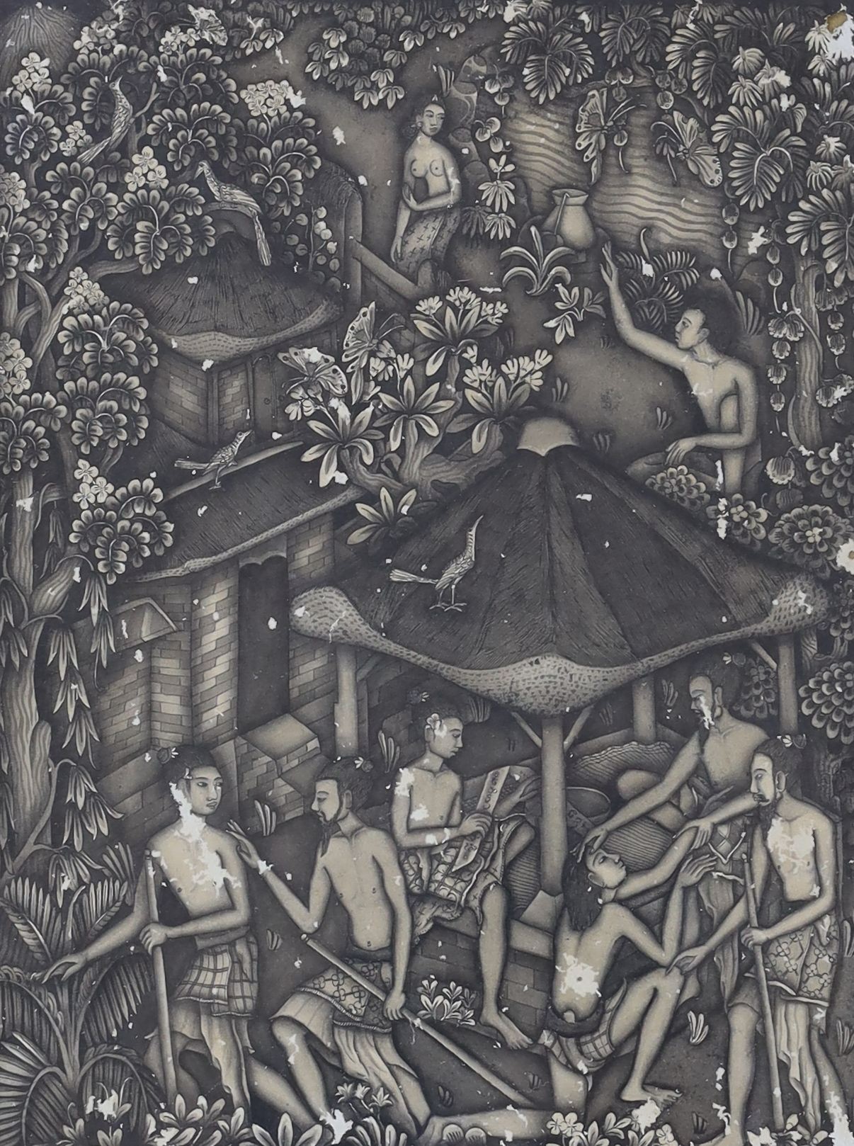19th century Balinese School, watercolour en grisaille, Natives amongst huts and trees, 30 x 23cm